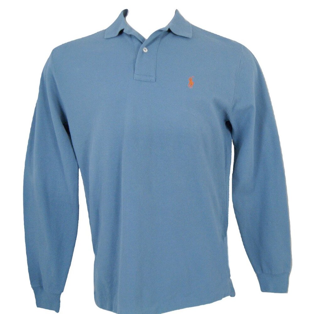 NEW! Polo Ralph Lauren Long Sleeve Polo Shirt! S Blue Orange Player Cotton Pique